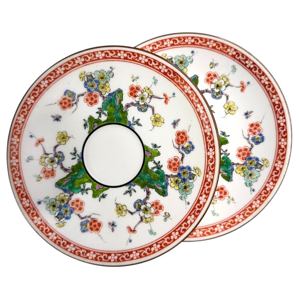 2 Wedgwood Ming Saucers 5” Asian Floral Chinoiserie Cherry Blossom Red Scroll